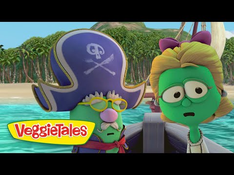 Two green VeggieTales characters in a boat at a tropical beach; one wears a pirate hat and yellow glasses, the other looks surprised; VeggieTales logo visible on the left.
