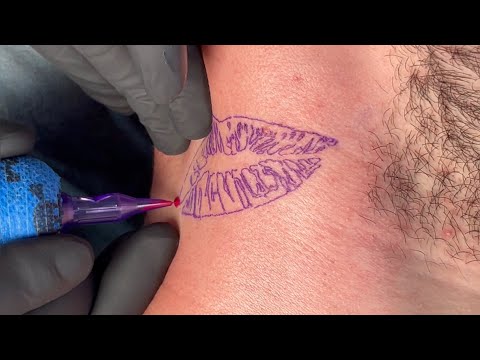 Kiss tattoo on Neck with one needle only | Real time , Real sound tattooing video