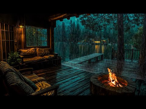 Heavy Rain on the Wooden Porch by the Lake, Bonfire and Thunderstorm Sounds To Helps Reduce stress