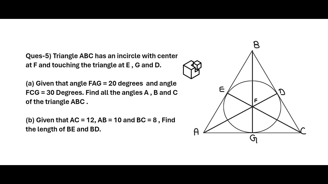 Ques-5) Triangle ABC has an incircle with the centre at F and touching at E , G and D. #rimc