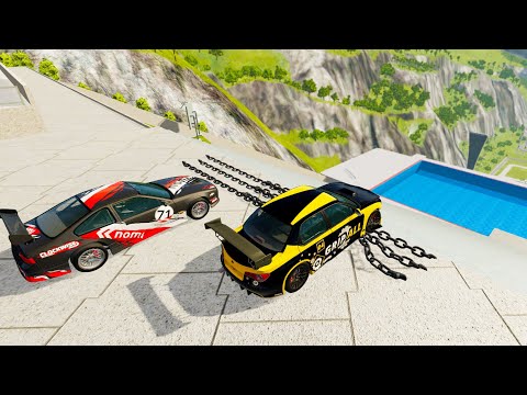 Crazy Vehicle Stairs Jumps Down With Giant Chain #2 - BeamNG drive Down Stairs Pool Jumps