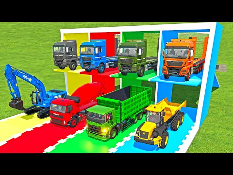 TRANSPORTING COLORED EXCAVATOR, JCB DUMP TRUCK & IVECO MIXER TRUCK TO GARAGE WITH MAN TRUCK! FS22