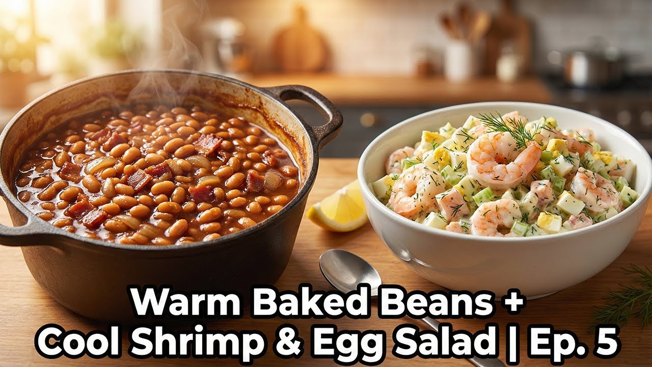 Warm Baked Beans + Cool Shrimp & Egg Salad