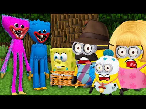 HUGGY WUGGY FAMILY vs SQUID GAME DOLL CATCH MINIONS SPONGEBOB Poppy Playtime in MINECRAFT - Gameplay