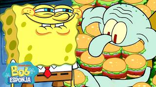 Bob Esponja | Personagens de Bob Esponja comendo DEMAIS 😂 | 10 Minutos | Bob Esponja em Português