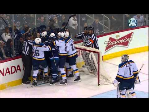 Toby Enstrom puts Alex Pietrangelo on his azz. St. Louis Blues vs Winnipeg Jets Feb 26 2015 NHL