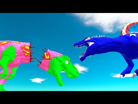 SUPERMAN T-REX vs CAPTAIN AMERICA SPINOSAURUS DEATH RUN - Animal Revolt Battle Simulator