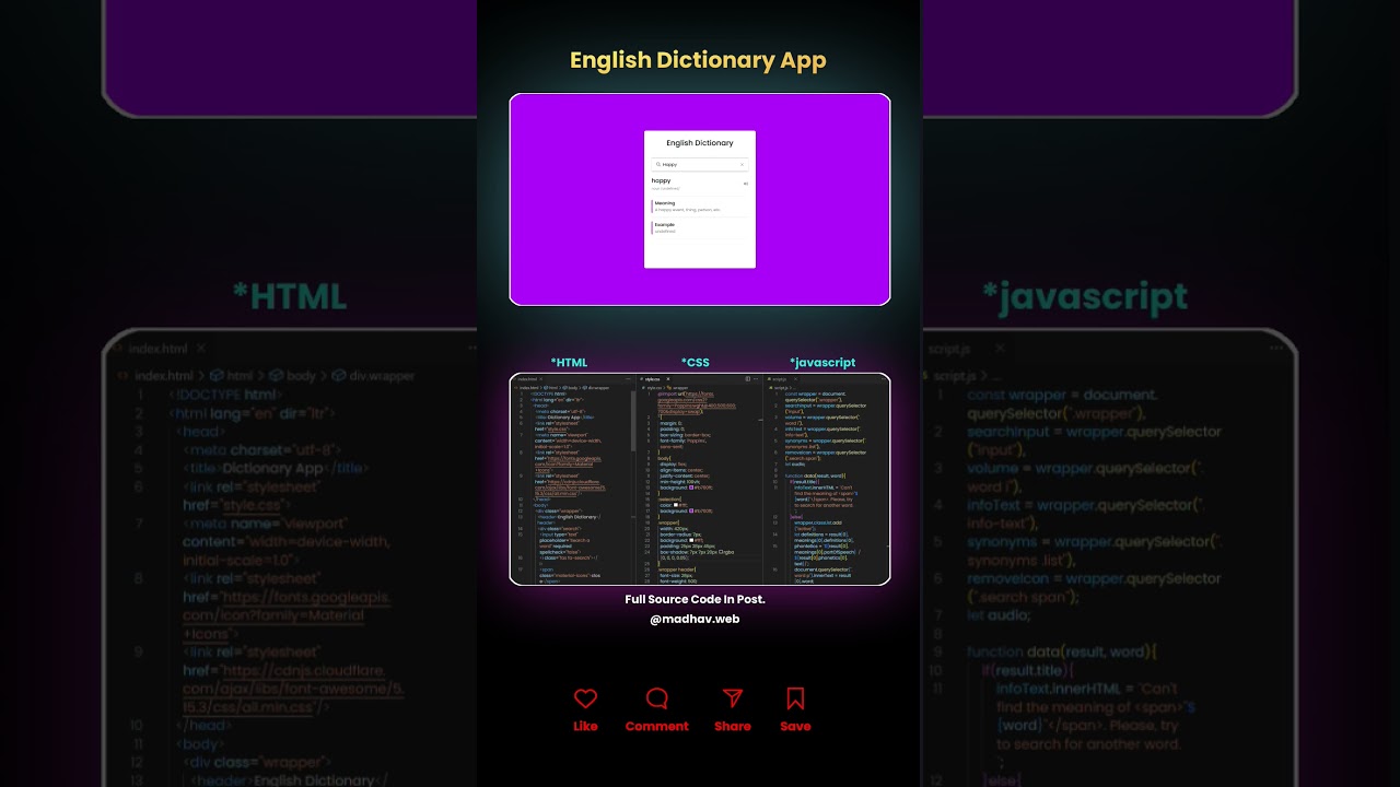 Day 24 - English Dictionary App Source Code #html #css #shorts #javascript