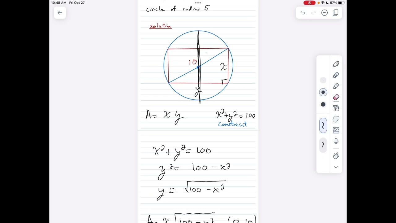 Optimization: Find the largest rectangle inscribed in a circle (Calculus 1)