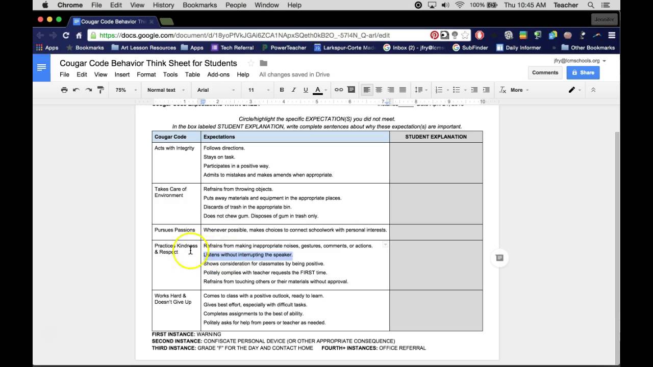 Cougar Code Behavior Think Sheet