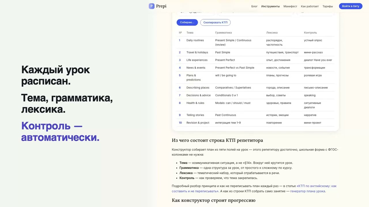 КТП для репетитора — автоматическое тематическое планирование Prepi
