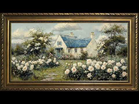 White Roses Cottage Garden, Vintage Impressionist Oil Painting 4K UHD | Framed Art TV Screensaver