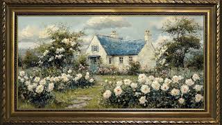 White Roses Cottage Garden, Vintage Impressionist Oil Painting 4K UHD | Framed Art TV Screensaver
