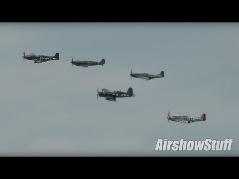 Five-Ship P-51 Mustang/Spitfire/F4U Corsair Formation and High Speed Flybys - TOM 2015