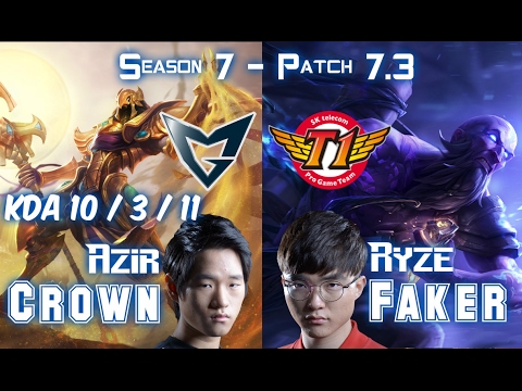 SSG Crown AZIR vs SKT T1 Faker RYZE Mid - Patch 7.3 KR Ranked