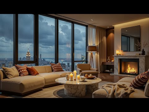 8 Hours of Rainy Penthouse Bliss | Fireplace Crackling + NYC Jazz You Can’t Stop