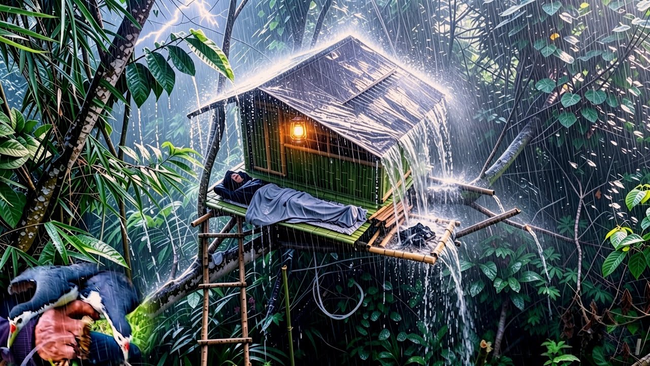 Solo Survival Camping Hujan Deras, Badai Petir Extreme Berburu Ruak-ruak & Bermalam di Rumah pohon