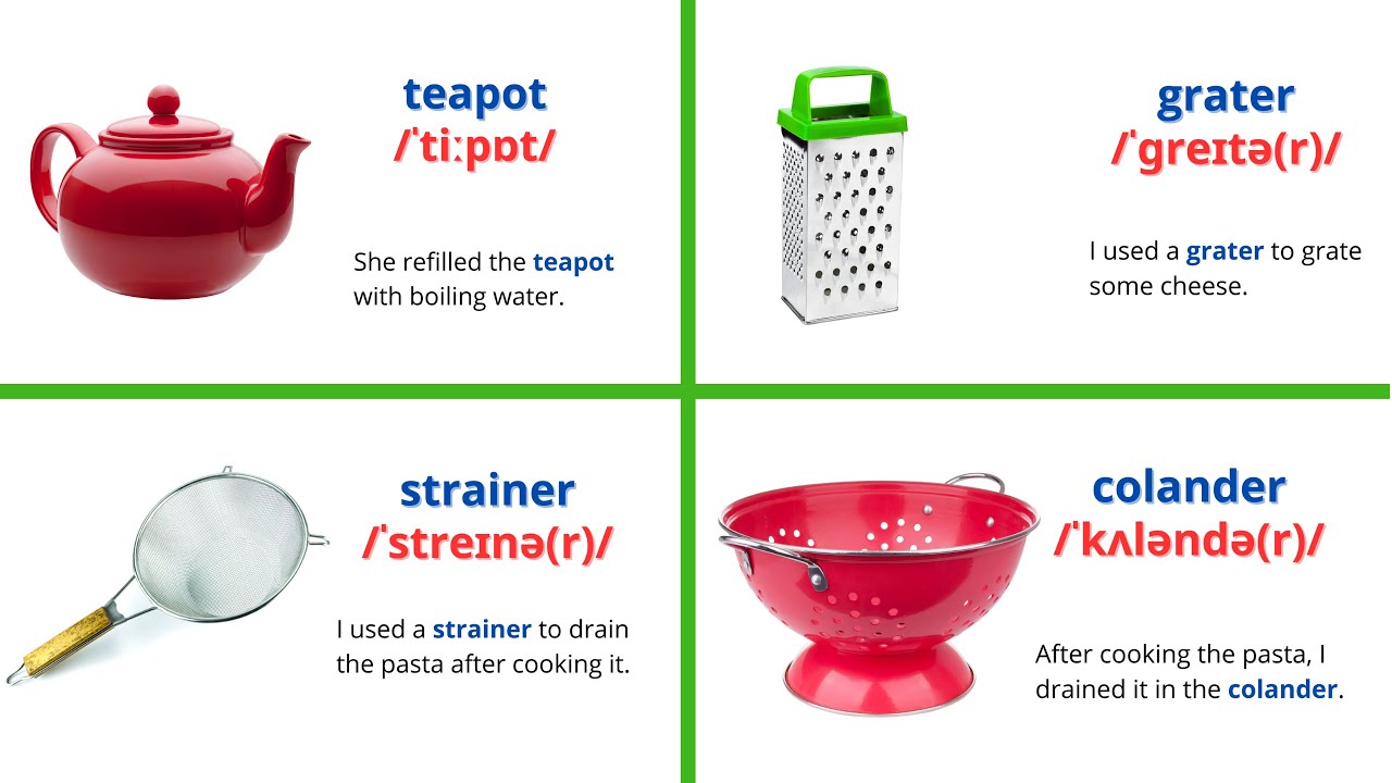 Learn English Kitchen Vocabulary with Pictures, Pronunciation,  Phonetics Transcription & Sentences