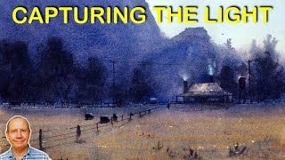 Easy beginner watercolor tutorial – Landscape capturing the last light of the day with watercolours