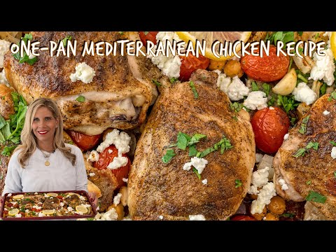 One sheet pan Chicken with chickpeas, tomatoes, onions and feta
