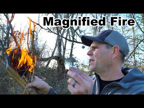 Magnified Fire - Using Sunlight & A Glass Lens To Make Fire. Quick and Easy.