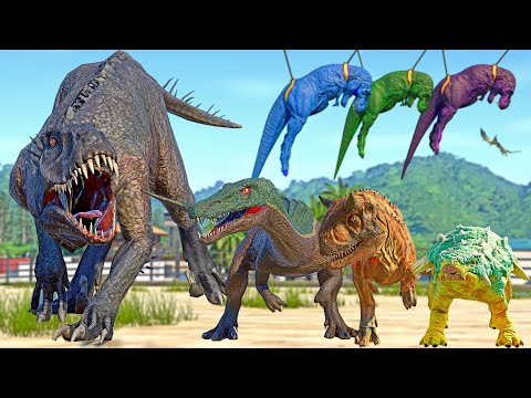 Colorful T-REX Team vs Scorpius Rex, Bumpy, I-REX, Carnotaurus TORO Jurassic World Camp Cretaceous