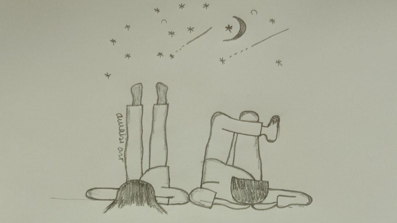 Couple looking at night sky, stars, moon 🌙🌝. couple art step by step tutorial.