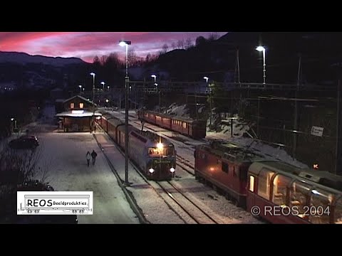 2004-02 [SDw] Bahnhof Filisur at night, stunning light, classic RhB passenger and freight trains