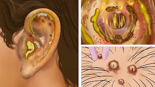 ASMR Cleaning Inflamed Ears, Blackheads & Scalp Acne | Pimple Squeezing Animation