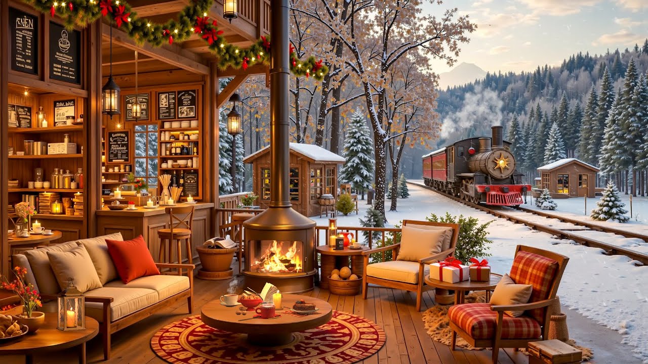 Relaxing Winter Café by the Train Tracks ❄️ Soothing Piano Jazz & Snowy Views for a Cozy Atmosphere