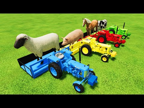 TRANSPORT OF COLORS ! ALL GIANT ANIMALS LOADING ON LOW LOADER w MINI TRACTORS ! Farming Simulator 22