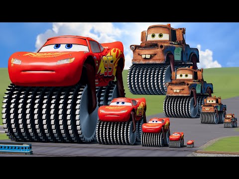 Big & Small: Lightning Mcqueen vs Tow Mater Double Monster Saw Wheels vs Trains | BeamNG.Drive