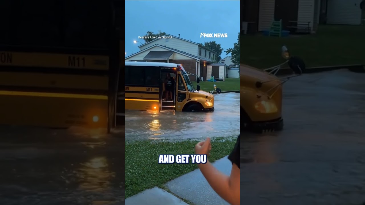 Video: School bus fords deep floodwaters on first day in Muncie, Indiana