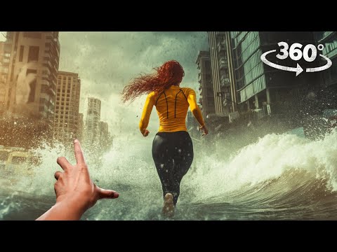 360° Tsunami Wave  after Asteroid and Volcano Eruption VR 360 Video