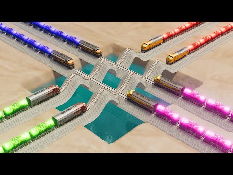 Impossible Triple Wave Rail Tracks Vs Trains Crossing Giant Pit, Deep Water, Pot Hole - BeamNG.Drive