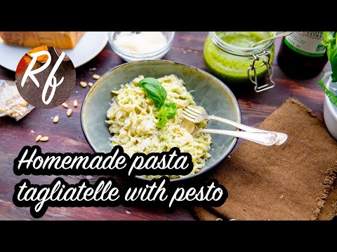 Make your own pasta tagliatelle with a pasta machine and serve with homemade pesto made with parmesan, olive oil, garlic, pine nuts and basil. >