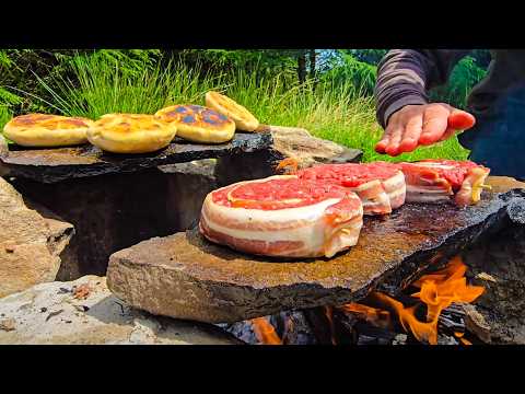 Primitive Bacon Burger Cooked on a Rock | ASMR Bushcraft Cooking