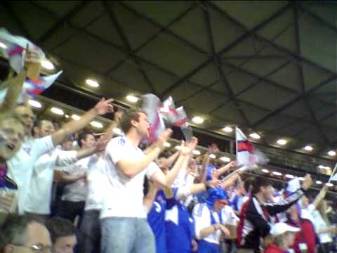 Faroese football supporters shouting "Føroyar"