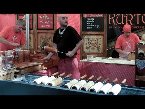 Hungary Street Food. Making Chimney Cakes 'Kurtőskalács'