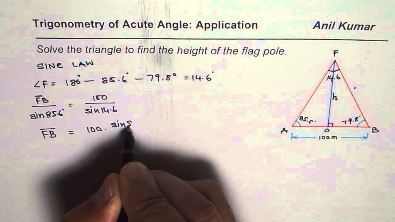 Solve Height of Flag Pole Sine Law Application