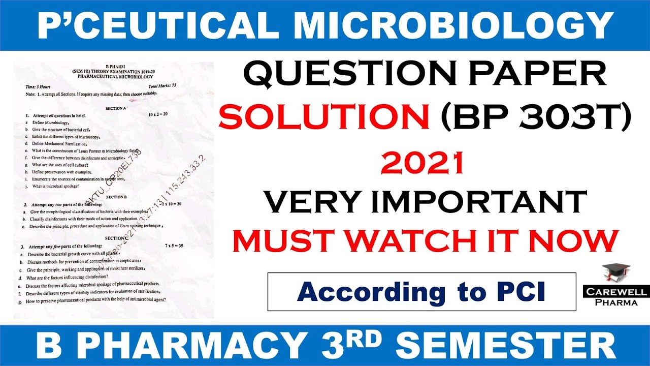 Pharmaceutical Microbiology 3rd semester question paper Solution BP 303T || Carewell Pharma || MICRO