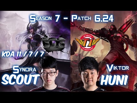 EDG Scout SYNDRA vs SKT T1 Huni VIKTOR Mid - Patch 6.24 KR Ranked