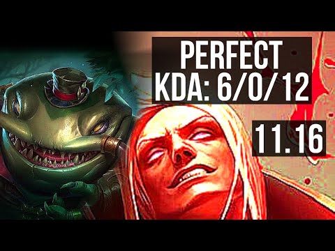 TAHM KENCH vs VLADIMIR (TOP) | 6/0/12, 66% winrate, Dominating | KR Grandmaster | v11.16