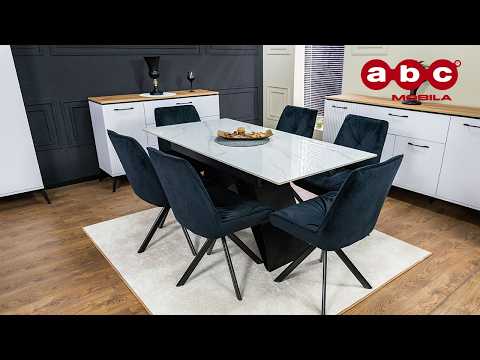 Set Masă Living Extensibilă KJT417 Albă cu 6 Scaune KJC356 Negre 1