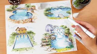 How to Draw Water Scene with Markers Tutorial | Lake &amp; Pond