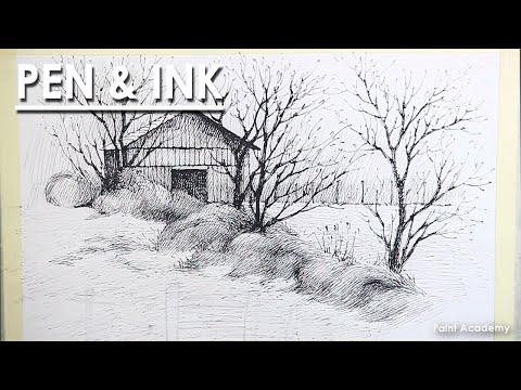 Pen Ink Drawing Landscape A Composition on A Barn | step by step strokes to follow