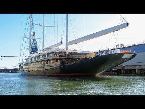 Jeff Bezos’s sailing yacht Koru with her masts stepped
