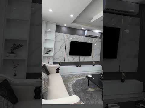 PREMIUM DESIGNED TV UNIT WITHTHECOLOUR COMBINATION OF GREY ANDMARBLE WHITE LAMINATE WITHLOUVERS