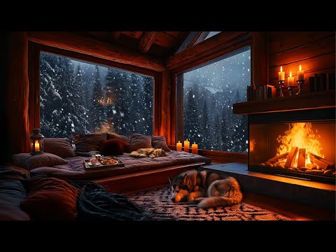 ❄️ Cozy Winter Cabin Night 🔥 Fireplace Warmth, Snowfall & Resting Pets Ambience