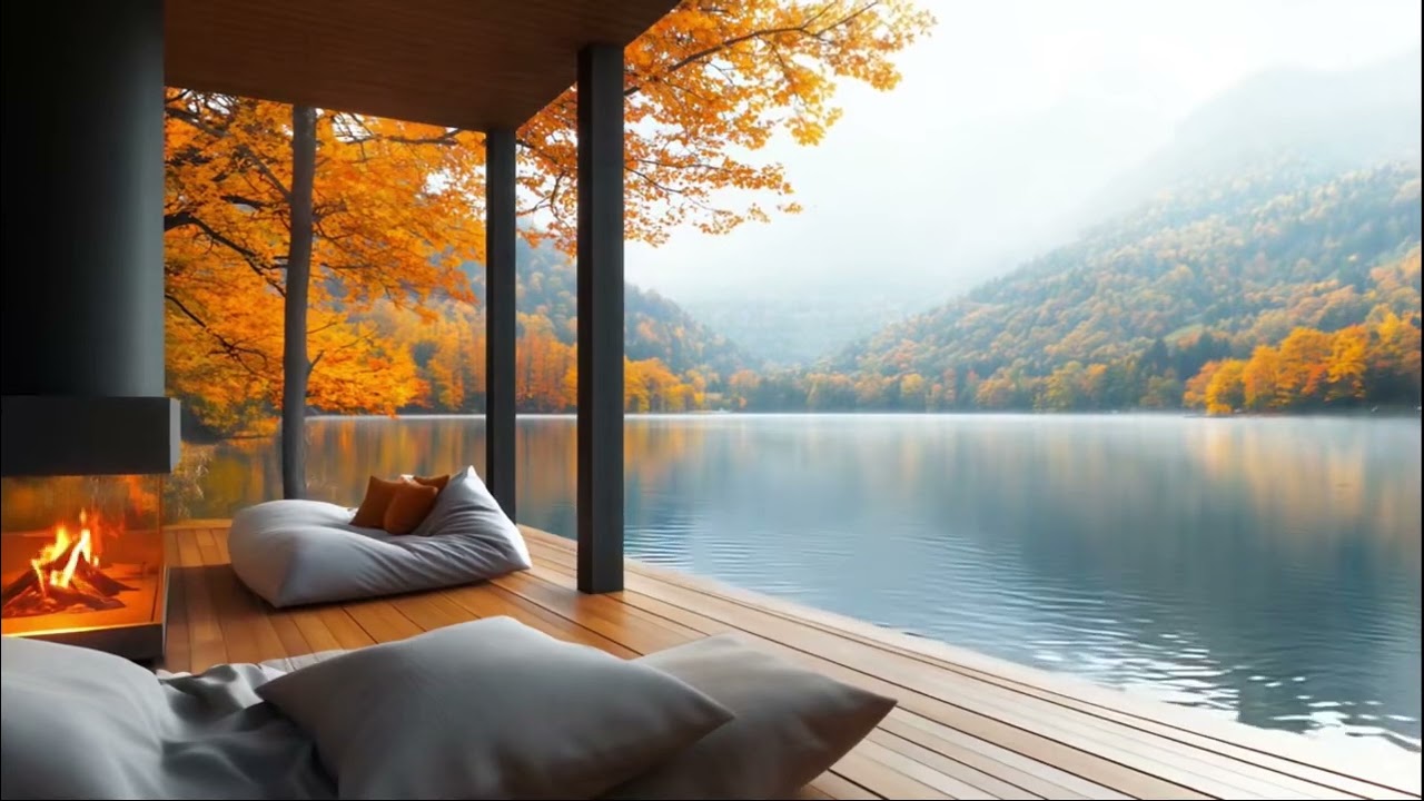 Golden Autumn Lakeside: Waves, Forest Whispers & Calm Jazz by the Fireplace | 11 Hours of Calmness